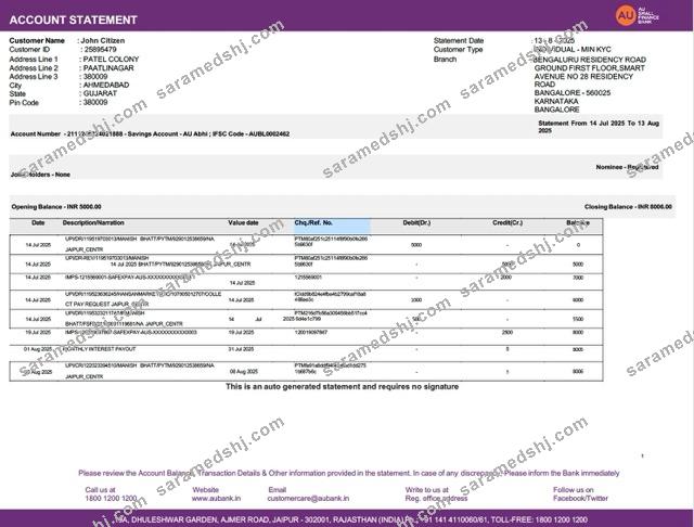 India AU Small Finance bank account statement Word and PDF template, version 2